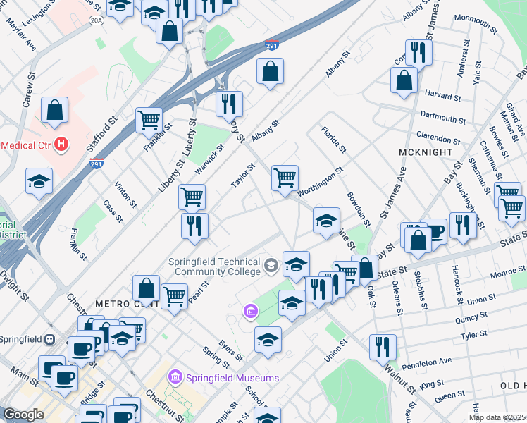 map of restaurants, bars, coffee shops, grocery stores, and more near 68 Federal Street in Springfield