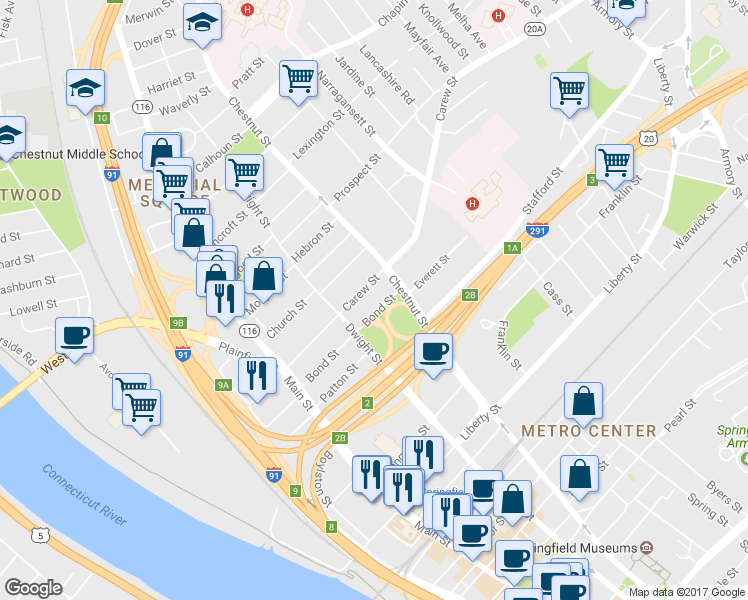 map of restaurants, bars, coffee shops, grocery stores, and more near 414 Chestnut Street in Springfield