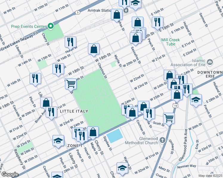 map of restaurants, bars, coffee shops, grocery stores, and more near in Erie