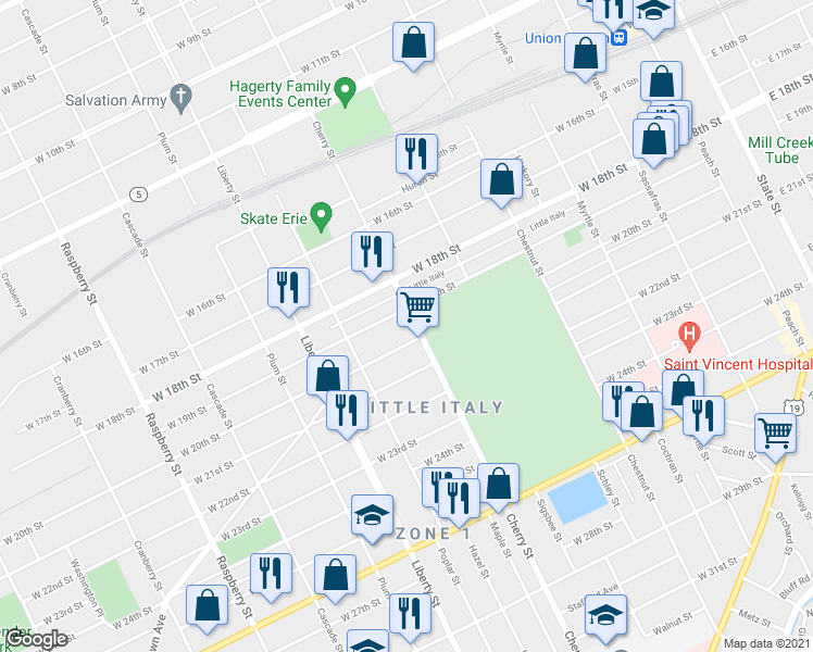 map of restaurants, bars, coffee shops, grocery stores, and more near 1910 Cherry Street in Erie