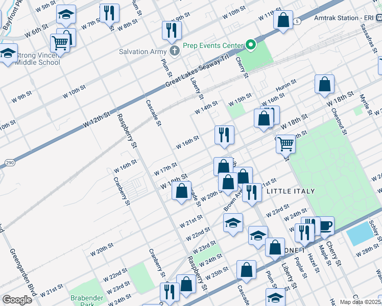 map of restaurants, bars, coffee shops, grocery stores, and more near 929 West 16th Street in Erie