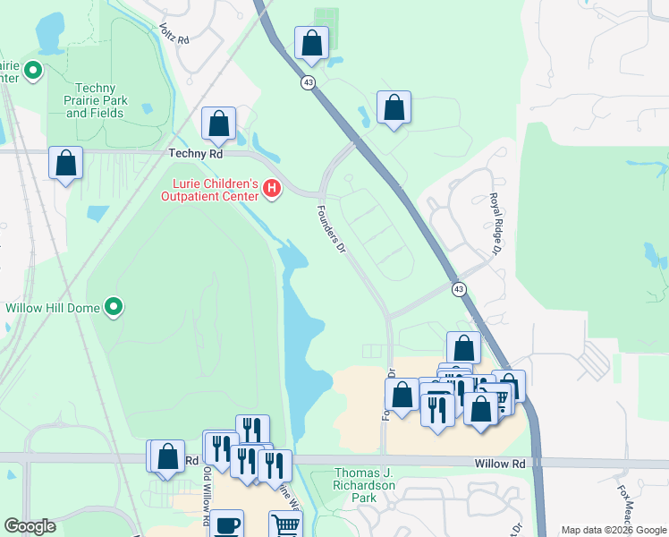 map of restaurants, bars, coffee shops, grocery stores, and more near 701 Founders in Northbrook