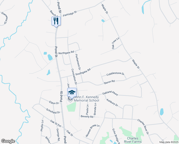 map of restaurants, bars, coffee shops, grocery stores, and more near 25 Southgate Road in Franklin