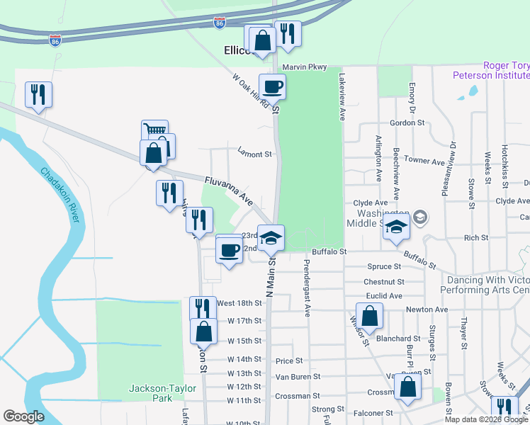 map of restaurants, bars, coffee shops, grocery stores, and more near 26 Fluvanna Avenue in Jamestown