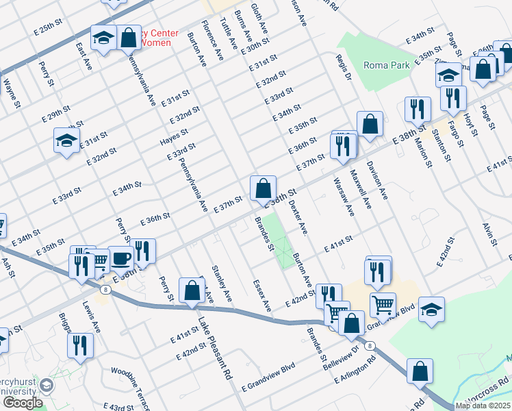 map of restaurants, bars, coffee shops, grocery stores, and more near 1206 East 38th Street in Erie