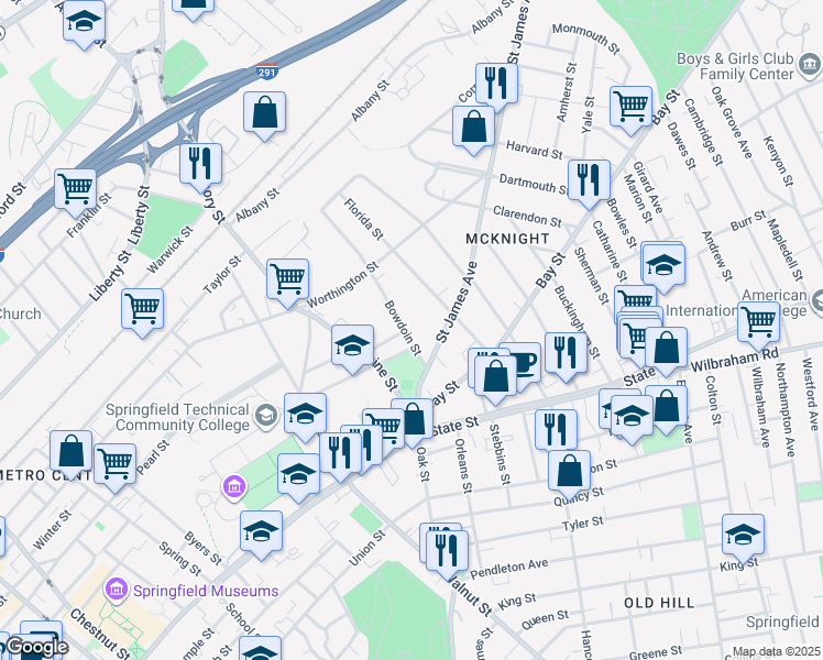 map of restaurants, bars, coffee shops, grocery stores, and more near 29 Bowdoin Street in Springfield