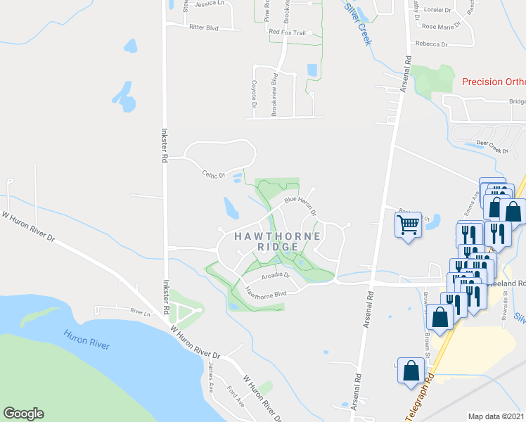 map of restaurants, bars, coffee shops, grocery stores, and more near 26824 Blue Heron Drive in Flat Rock