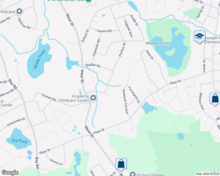 map of restaurants, bars, coffee shops, grocery stores, and more near 35 Poskus Street in Stoughton