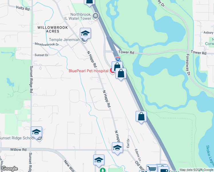 map of restaurants, bars, coffee shops, grocery stores, and more near 361 North Happ Road in Northfield