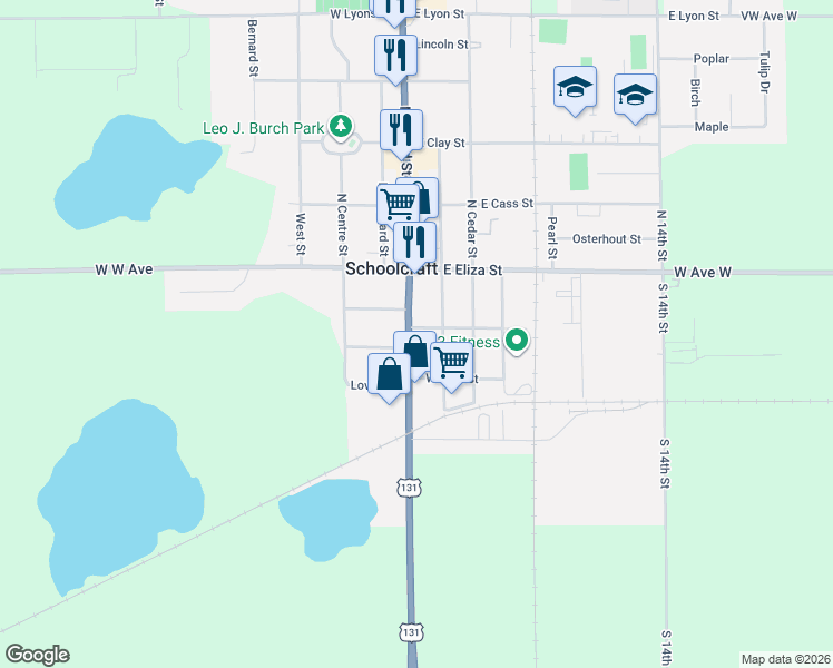 map of restaurants, bars, coffee shops, grocery stores, and more near 203 South Grand Street in Schoolcraft
