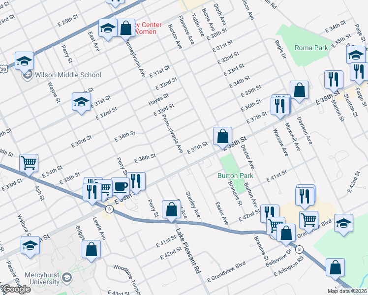 map of restaurants, bars, coffee shops, grocery stores, and more near 1105 East 36th Street in Erie