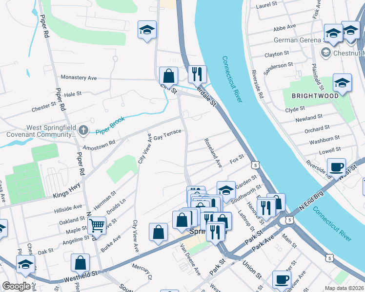 map of restaurants, bars, coffee shops, grocery stores, and more near 569 Elm Street in West Springfield