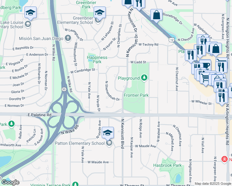 map of restaurants, bars, coffee shops, grocery stores, and more near 2006 North Elizabeth Drive in Arlington Heights