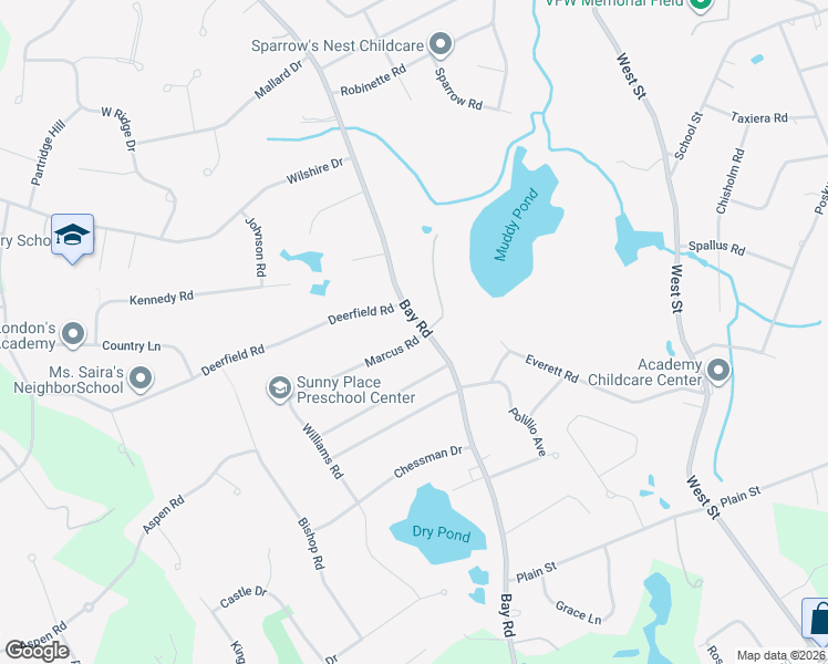 map of restaurants, bars, coffee shops, grocery stores, and more near 1095 Bay Road in Sharon