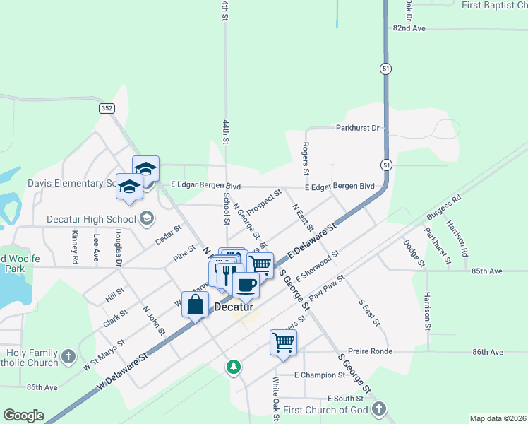 map of restaurants, bars, coffee shops, grocery stores, and more near 208 Prospect Street in Decatur