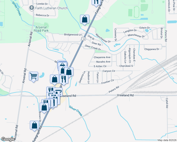 map of restaurants, bars, coffee shops, grocery stores, and more near 25444 Canyon Circle in Flat Rock