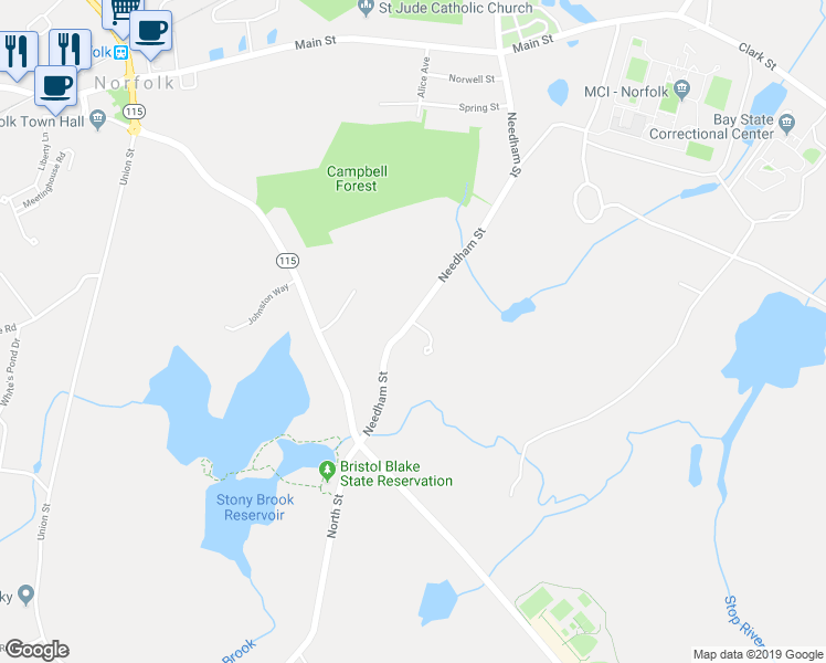 map of restaurants, bars, coffee shops, grocery stores, and more near 45 Needham Street in Norfolk