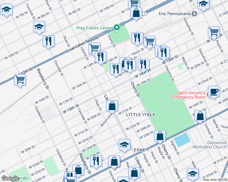 map of restaurants, bars, coffee shops, grocery stores, and more near 711 West 18th Street in Erie