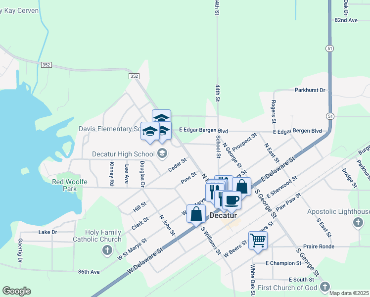 map of restaurants, bars, coffee shops, grocery stores, and more near 405 North Phelps Street in Decatur