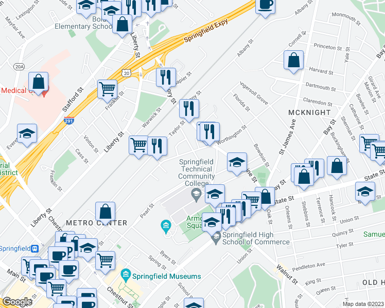 map of restaurants, bars, coffee shops, grocery stores, and more near 68 Federal Street in Springfield