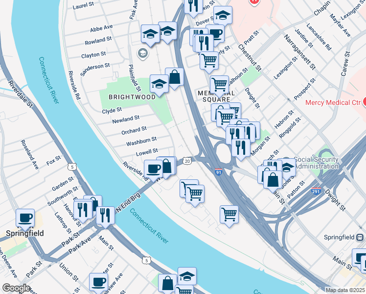 map of restaurants, bars, coffee shops, grocery stores, and more near 153R Plainfield Street in Springfield