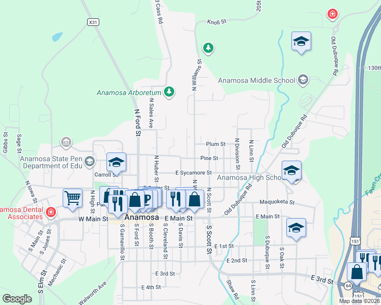 map of restaurants, bars, coffee shops, grocery stores, and more near 104 Pine Street in Anamosa