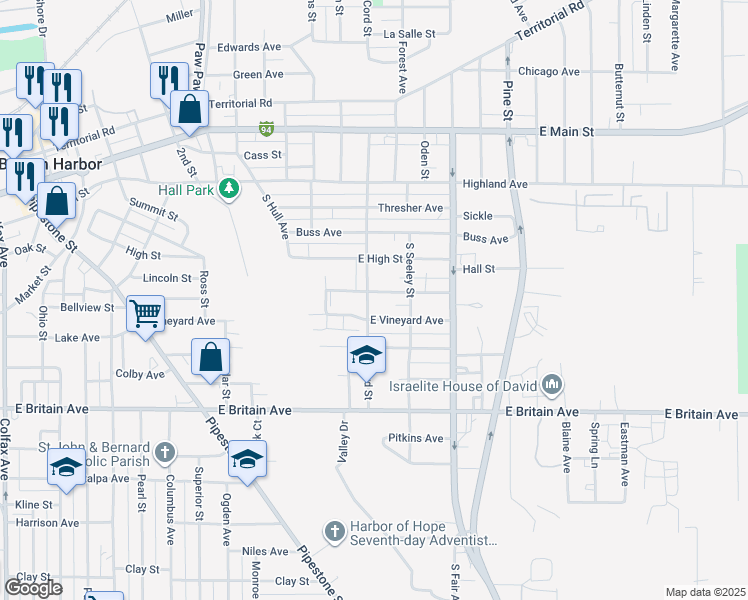 map of restaurants, bars, coffee shops, grocery stores, and more near 301 South McCord Street in Benton Harbor