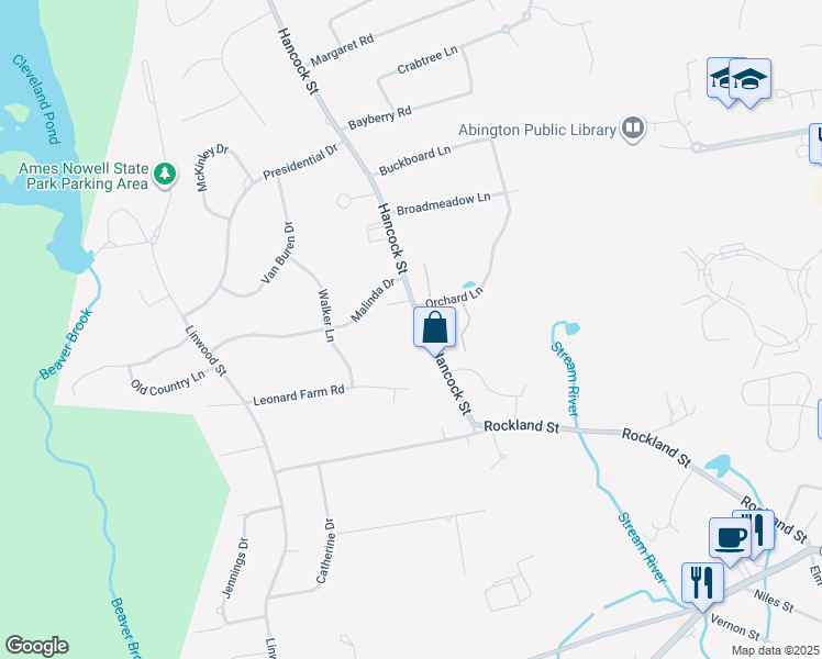 map of restaurants, bars, coffee shops, grocery stores, and more near 134 Hancock Street in Abington