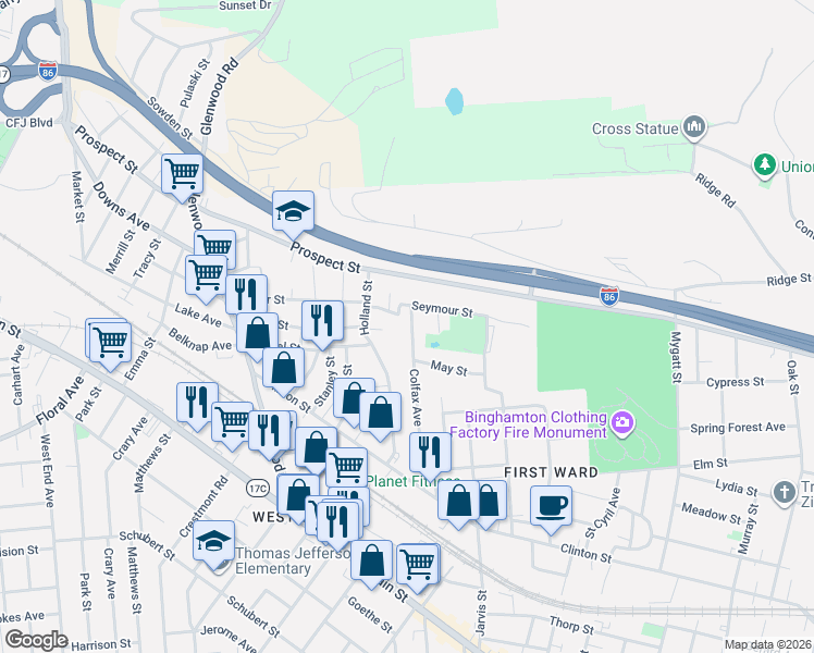 map of restaurants, bars, coffee shops, grocery stores, and more near 8 Jones Street in Binghamton