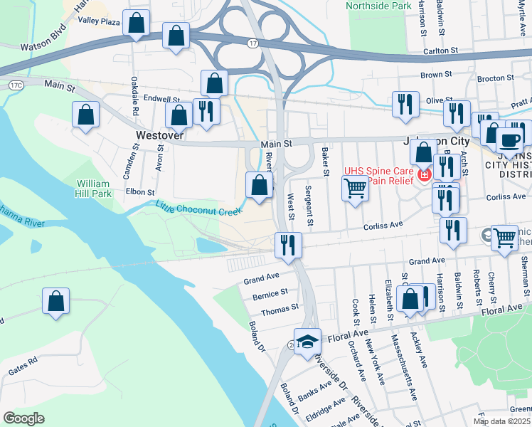map of restaurants, bars, coffee shops, grocery stores, and more near 734 Riverside Drive in Johnson City