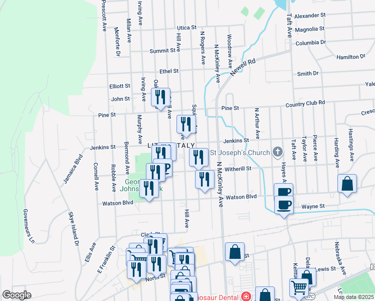 map of restaurants, bars, coffee shops, grocery stores, and more near 302 Hill Avenue in Endicott