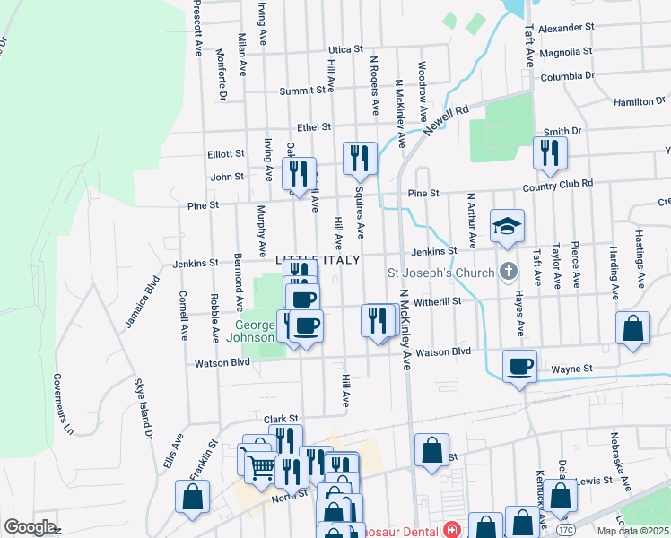 map of restaurants, bars, coffee shops, grocery stores, and more near 302 Hill Avenue in Endicott