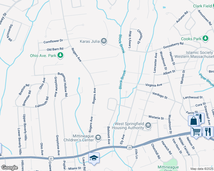 map of restaurants, bars, coffee shops, grocery stores, and more near 263 Virginia Avenue in West Springfield