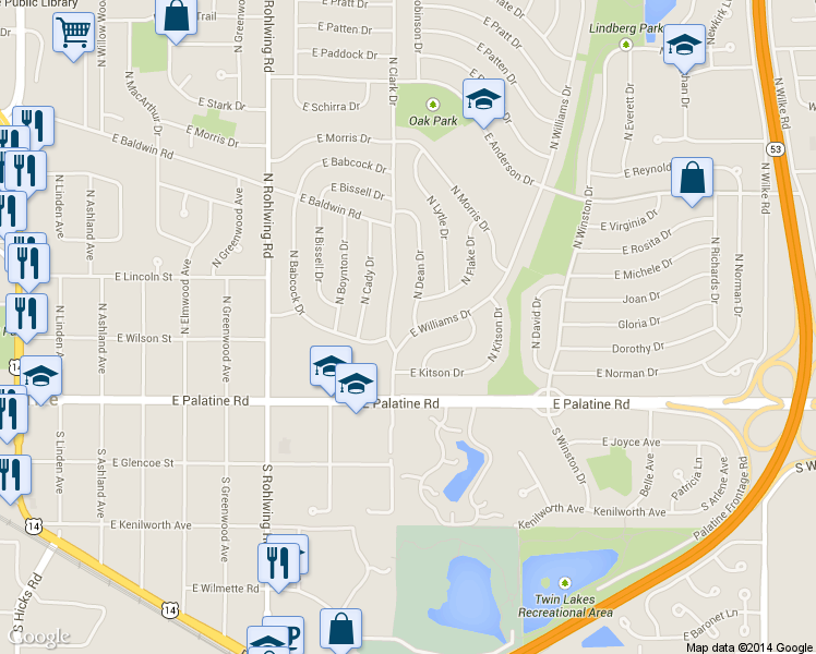 map of restaurants, bars, coffee shops, grocery stores, and more near 112 North Dean Drive in Palatine
