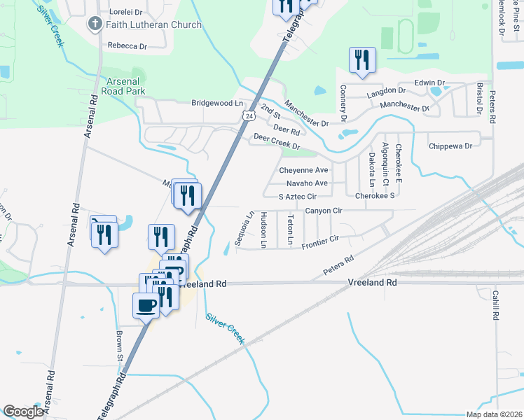 map of restaurants, bars, coffee shops, grocery stores, and more near 25444-25498 Canyon Circle in Flat Rock
