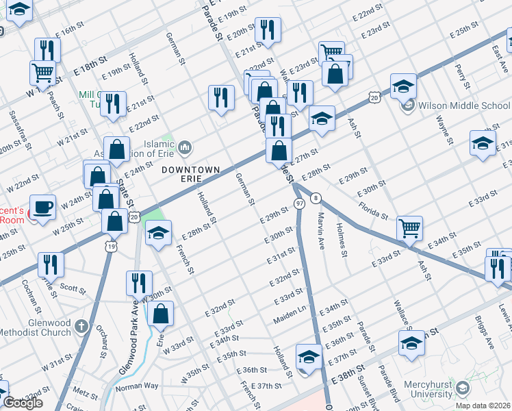 map of restaurants, bars, coffee shops, grocery stores, and more near 301 East 28th Street in Erie