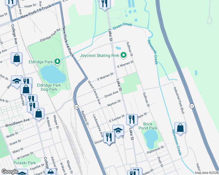 map of restaurants, bars, coffee shops, grocery stores, and more near 368 East Thurston Street in Elmira
