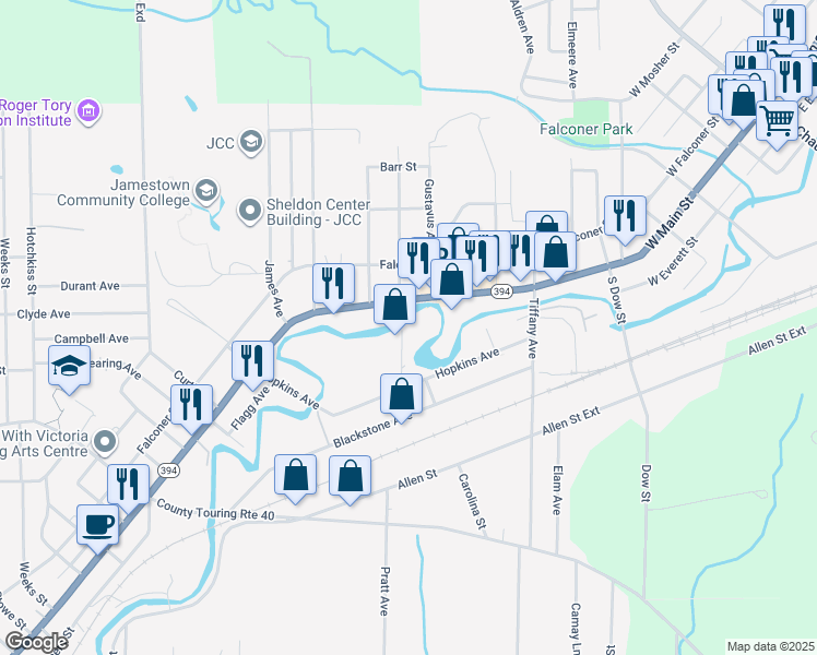 map of restaurants, bars, coffee shops, grocery stores, and more near 1310 East 2nd Street in Jamestown
