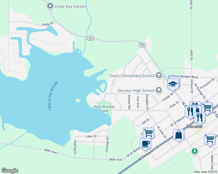 map of restaurants, bars, coffee shops, grocery stores, and more near 140 Meadowwood Court in Decatur