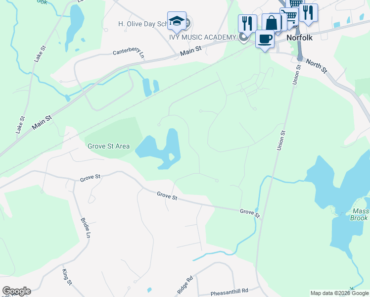 map of restaurants, bars, coffee shops, grocery stores, and more near 7 Keeney Pond Road in Norfolk