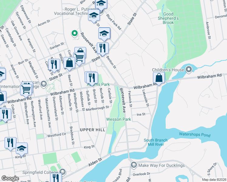 map of restaurants, bars, coffee shops, grocery stores, and more near 23 Carlisle Street in Springfield