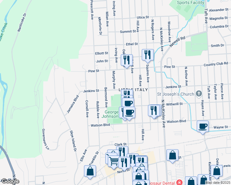 map of restaurants, bars, coffee shops, grocery stores, and more near 906 Jenkins Street in Endicott
