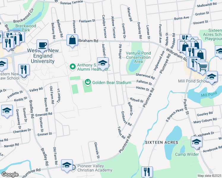 map of restaurants, bars, coffee shops, grocery stores, and more near 187 Ashland Avenue in Springfield