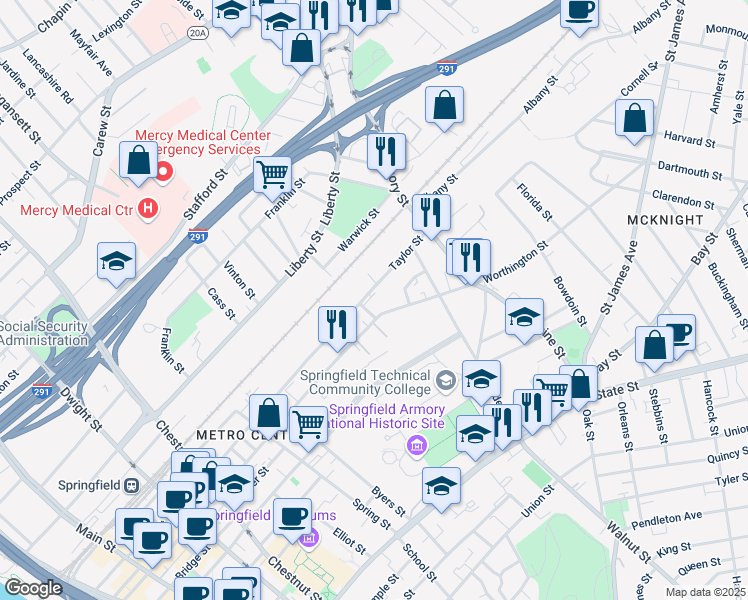 map of restaurants, bars, coffee shops, grocery stores, and more near 409 Taylor St in Springfield