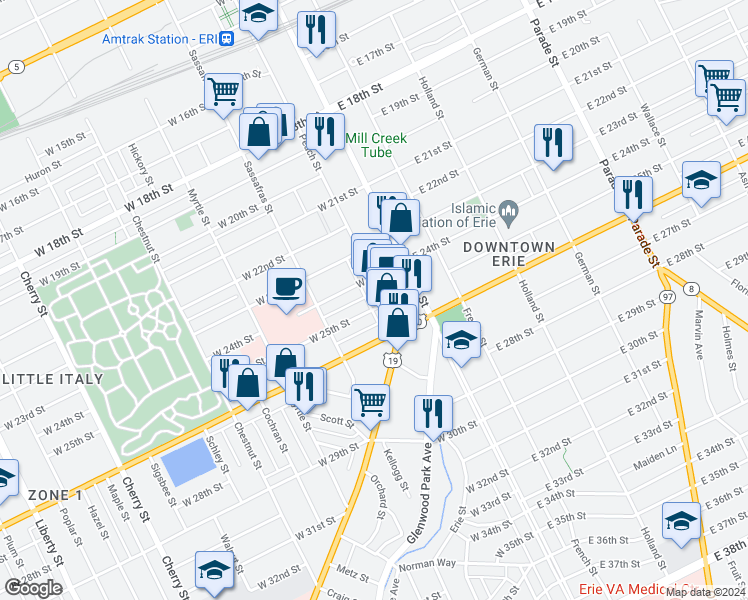 map of restaurants, bars, coffee shops, grocery stores, and more near 2418 20 Peach St in Erie