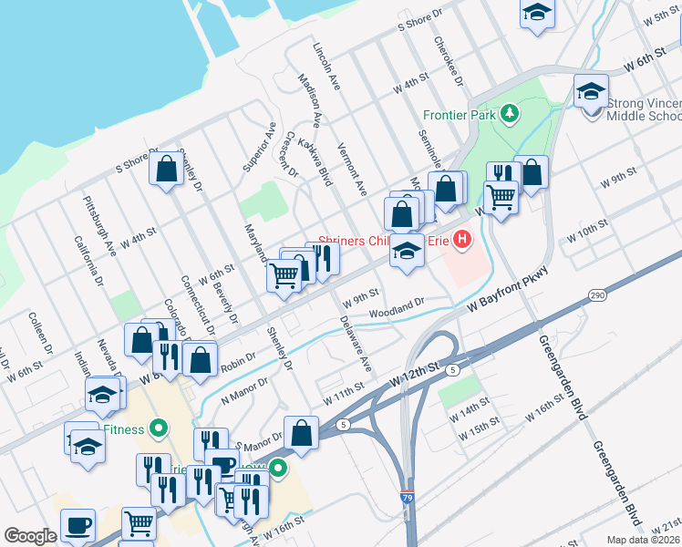 map of restaurants, bars, coffee shops, grocery stores, and more near 1832 West 8th Street in Erie