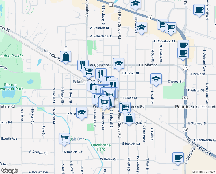 map of restaurants, bars, coffee shops, grocery stores, and more near 44 West Wilson Street in Palatine