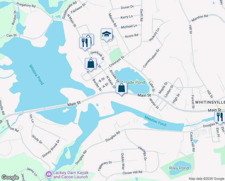map of restaurants, bars, coffee shops, grocery stores, and more near 438 Main Street in Northbridge