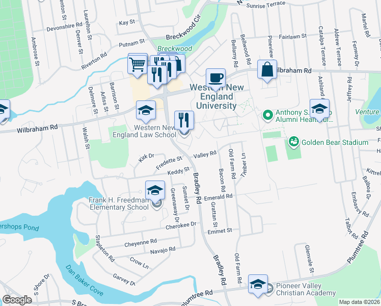 map of restaurants, bars, coffee shops, grocery stores, and more near 649 Bradley Road in Springfield