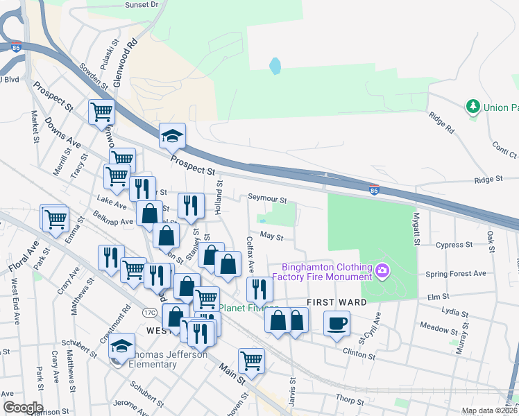 map of restaurants, bars, coffee shops, grocery stores, and more near 6 Seymour Ave in Binghamton